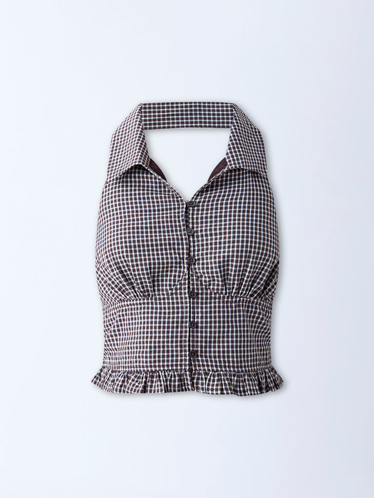 Nuon Dark Brown Gingham Checks Design Cotton Top - Image 5