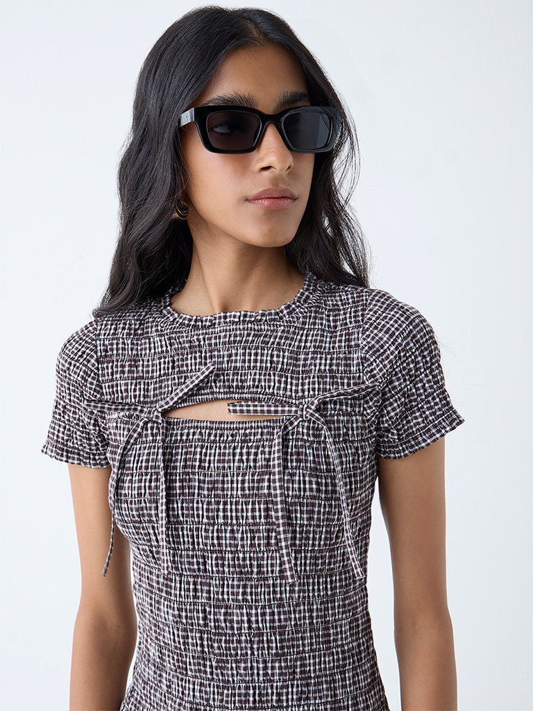 Nuon Dark Brown Gingham Checkered Cotton Bodycon Dress - Image 3
