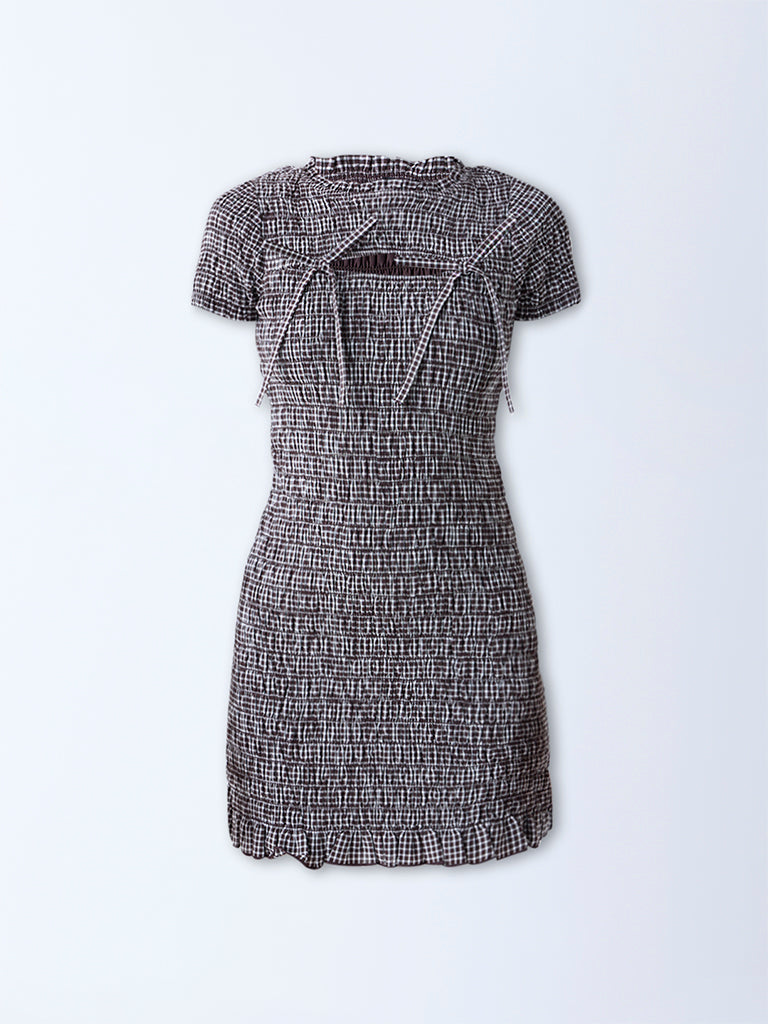 Nuon Dark Brown Gingham Checkered Cotton Bodycon Dress - Image 5