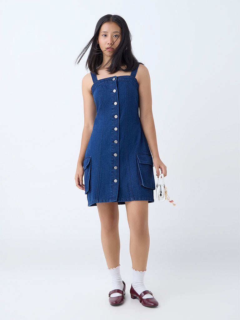 Nuon Dark Blue Cut-Out Design Denim Dress