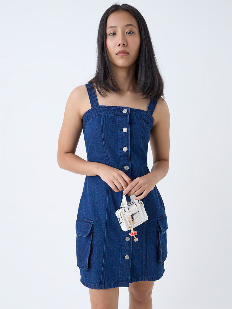 Nuon Dark Blue Cut-Out Design Denim Dress - Image 2