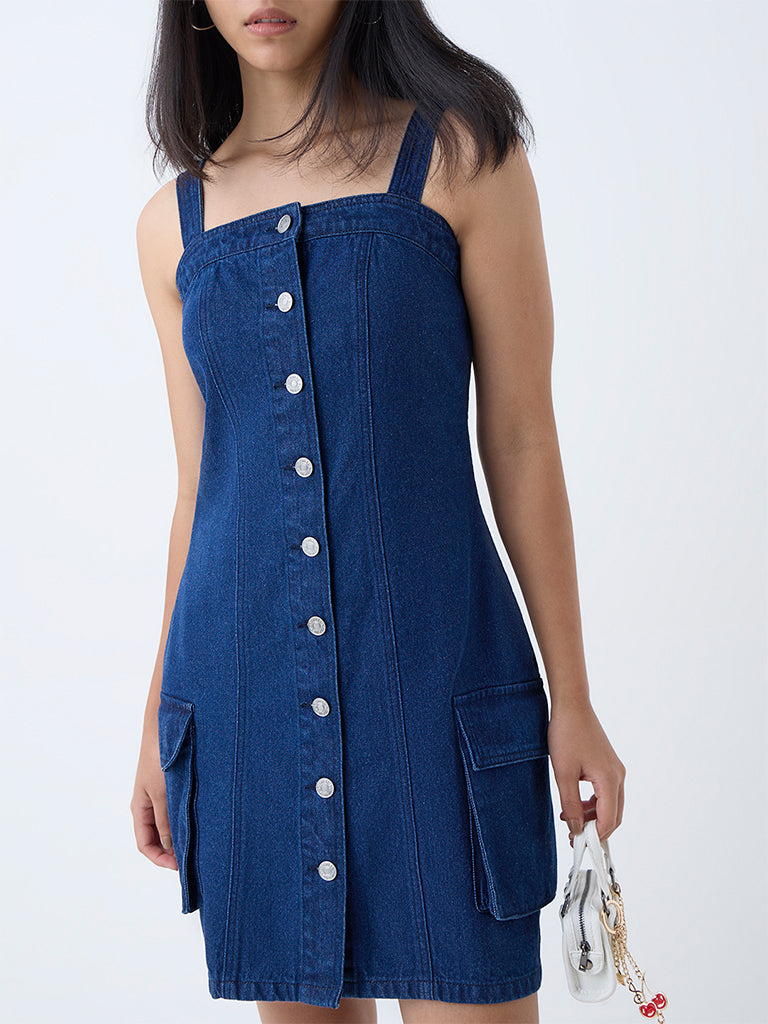 Nuon Dark Blue Cut-Out Design Denim Dress - Image 3
