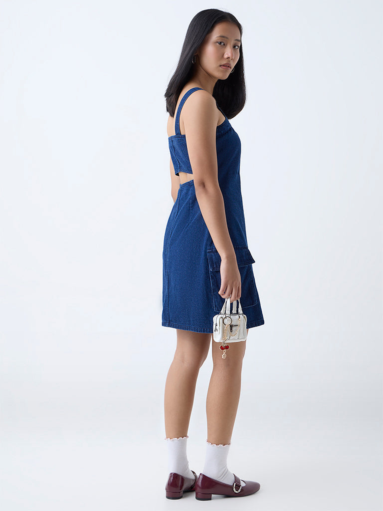 Nuon Dark Blue Cut-Out Design Denim Dress - Image 4
