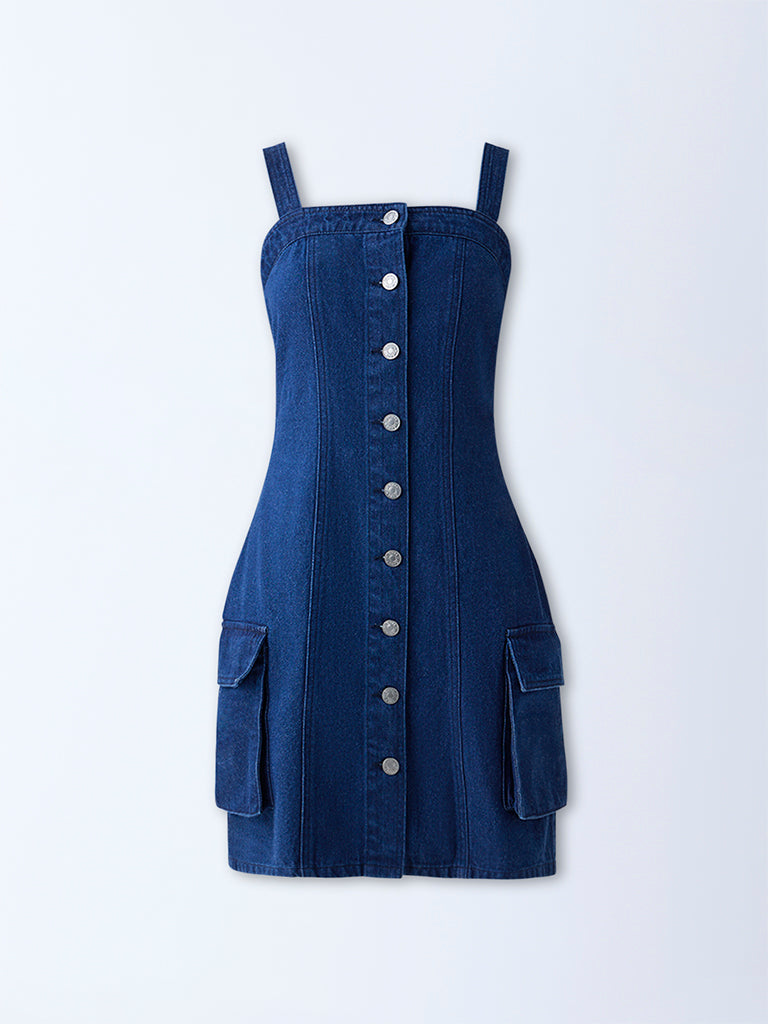 Nuon Dark Blue Cut-Out Design Denim Dress - Image 5
