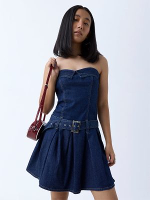 Nuon Dark Blue Denim Tube Dress with Belt