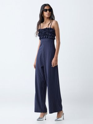 Nuon Navy Pinstripe Detailed Jumpsuit