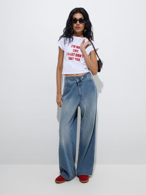 Nuon Blue Faded Wide-Leg Mid-Rise Jeans