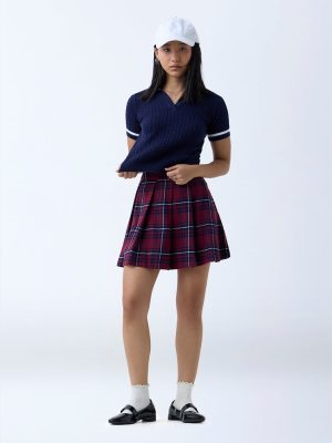 Nuon Navy Checks Design High-Rise Skirt