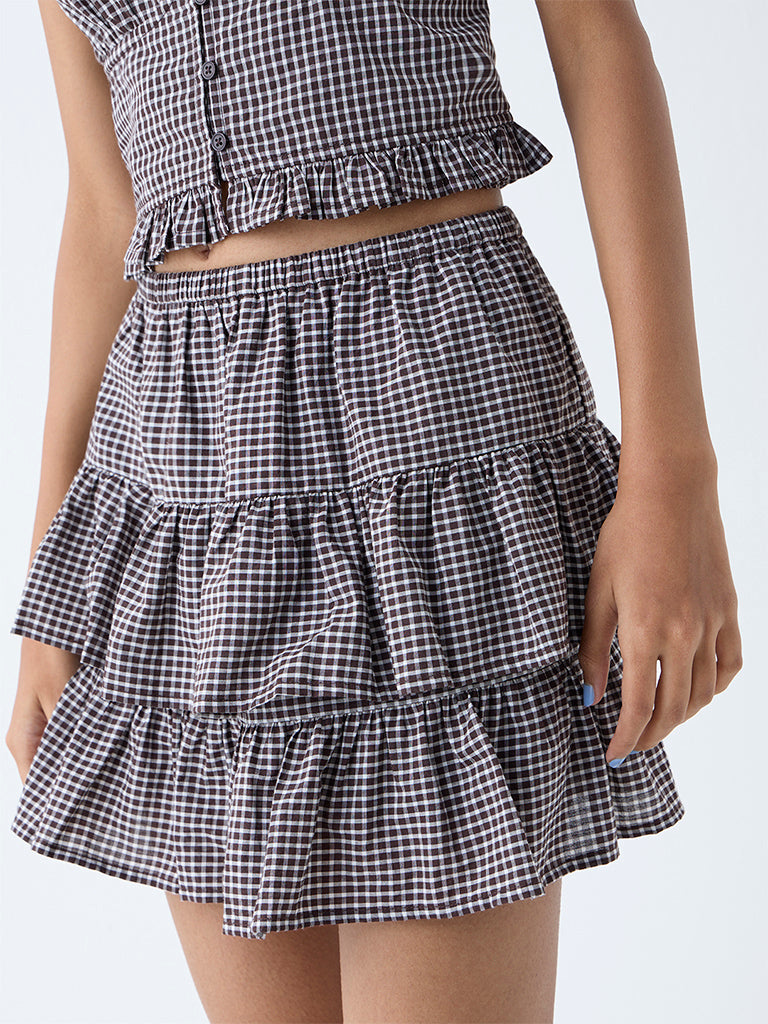 Nuon Dark Brown Gingham Checkered High-Rise Cotton Skirt - Image 3