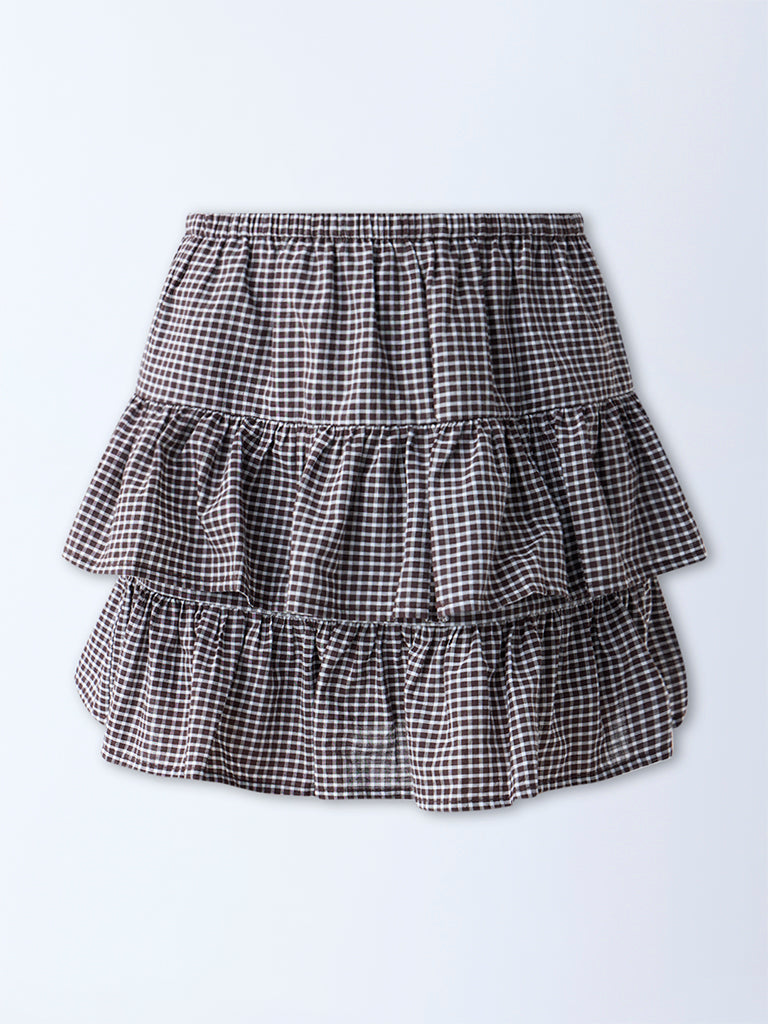 Nuon Dark Brown Gingham Checkered High-Rise Cotton Skirt - Image 5