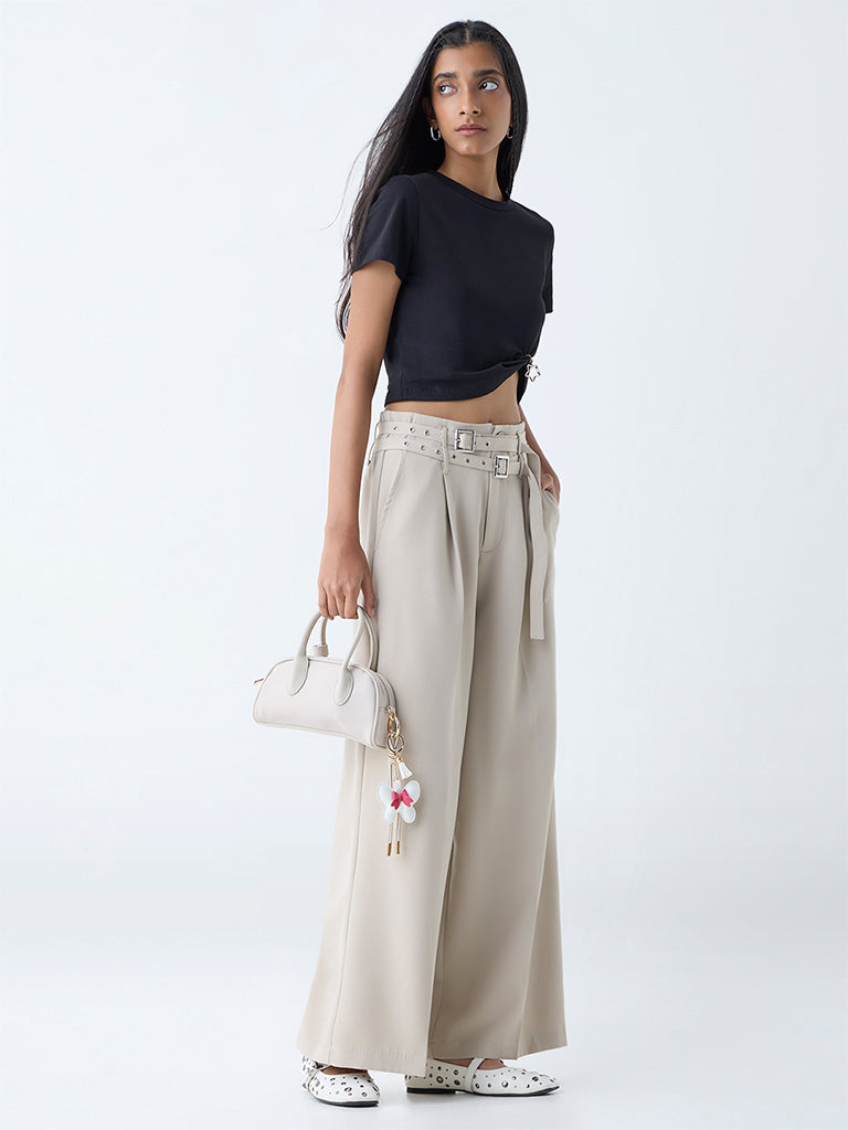 Nuon Beige Wide-Leg High-Rise Trousers with Belt