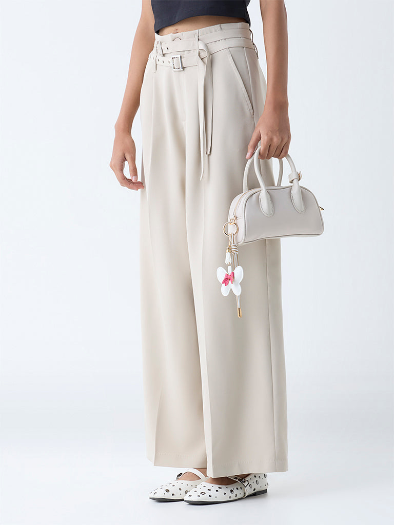 Nuon Beige Wide-Leg High-Rise Trousers with Belt - Image 2