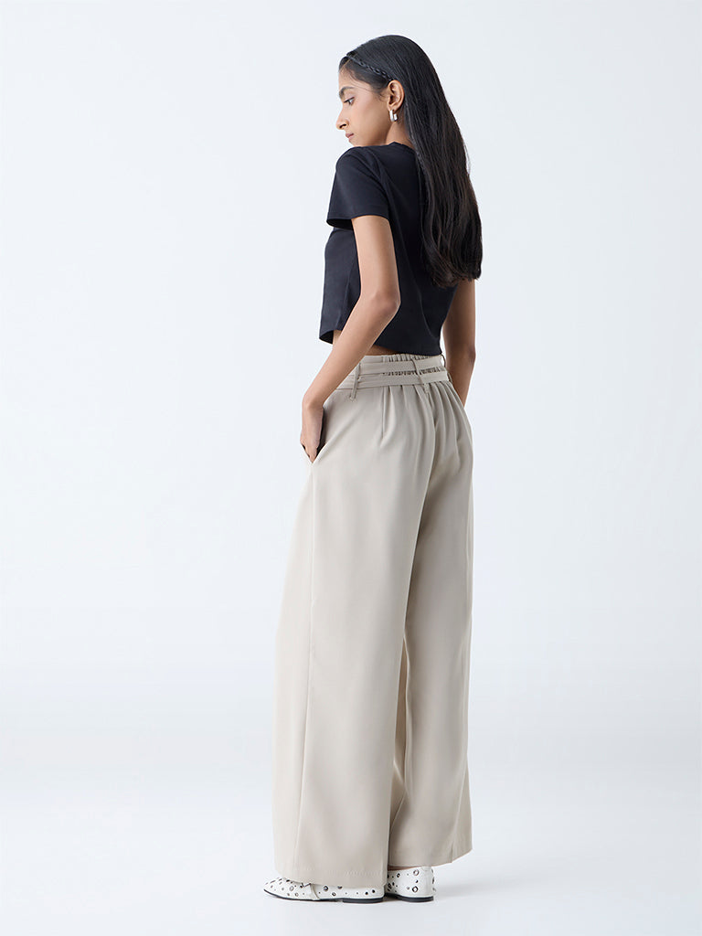Nuon Beige Wide-Leg High-Rise Trousers with Belt - Image 4