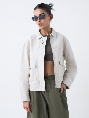 Nuon Off-White Solid Faux-Leather Jacket