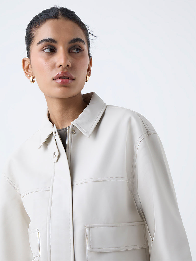 Nuon Off-White Solid Faux-Leather Jacket - Image 3