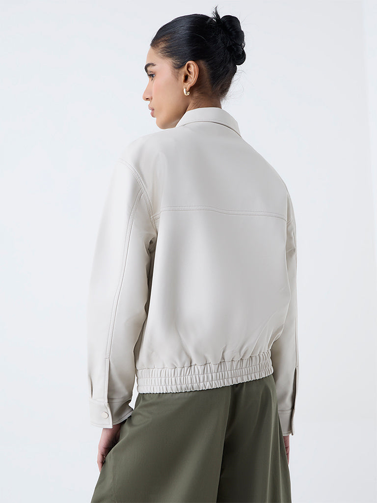 Nuon Off-White Solid Faux-Leather Jacket - Image 4