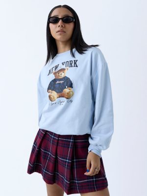 Nuon Light Blue Teddy Printed Cotton Sweatshirt