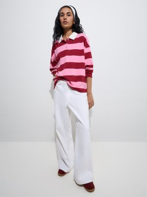 Nuon Pink Stripe Printed Cotton Polo T-Shirt