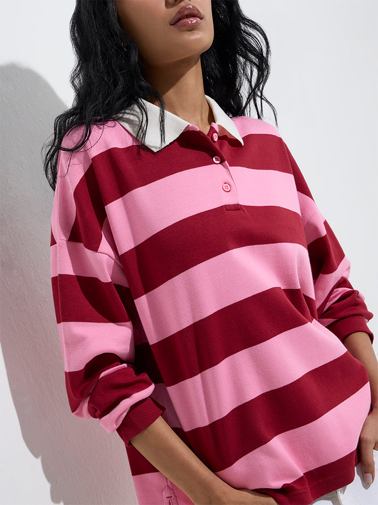 Nuon Pink Stripe Printed Cotton Polo T-Shirt - Image 3
