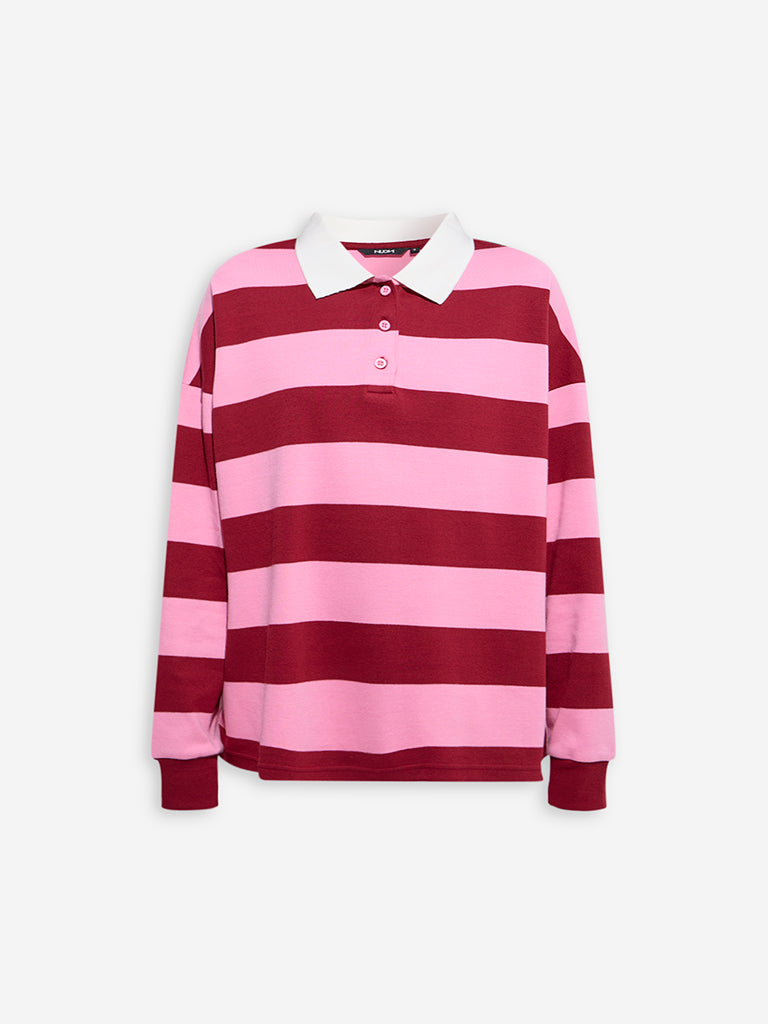 Nuon Pink Stripe Printed Cotton Polo T-Shirt - Image 5