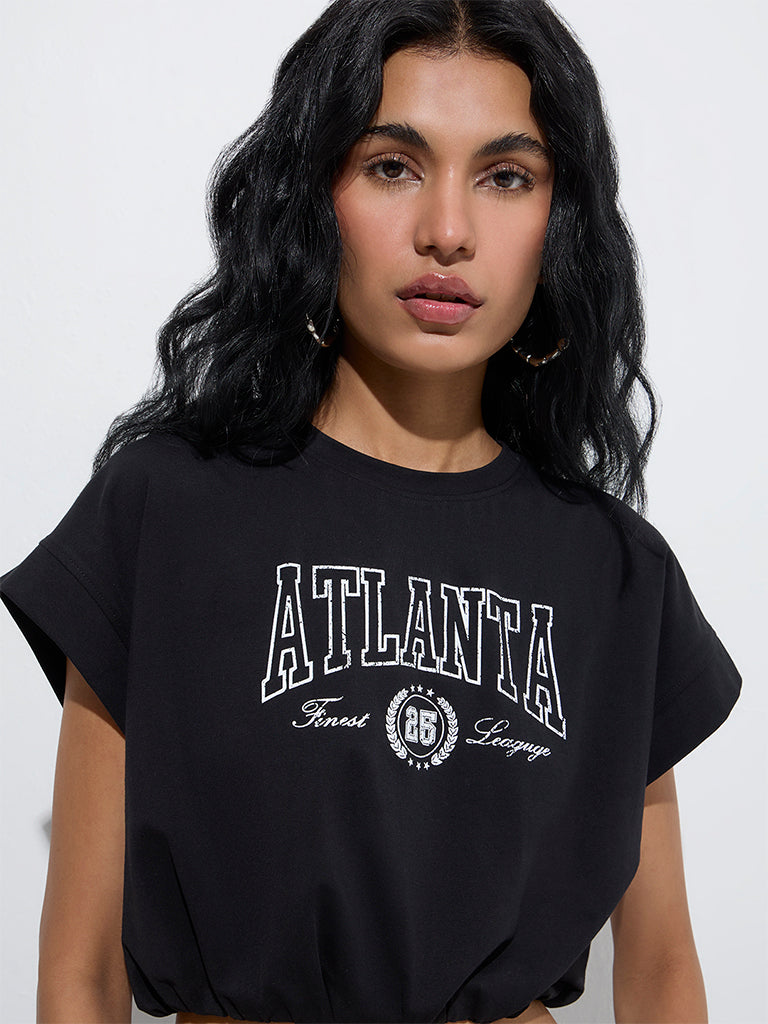 Nuon Black Text Printed Cotton-Blend T-Shirt - Image 3