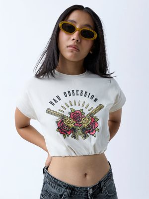 Nuon Off-White Text Detailed Cotton-Blend T-Shirt