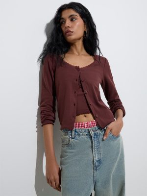 Nuon Dark Brown Solid Cotton-Blend Top with Inner Set