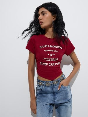 Nuon Burgundy Text Detailed Cotton-Blend T-Shirt