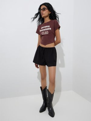 Nuon Dark Brown Text Design Cotton-Blend T-Shirt