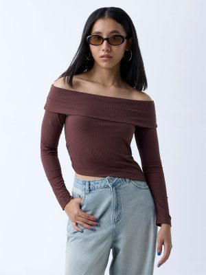 Nuon Brown Ribbed-Textured Off-Shoulder Top