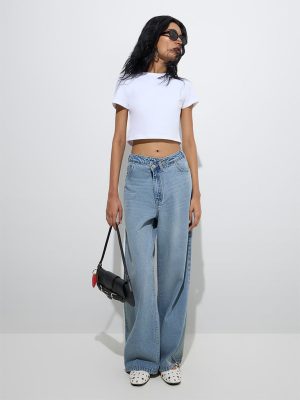 Nuon White Solid Cotton-Blend T-Shirt