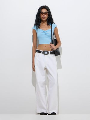 Nuon Light Blue Ribbed-Textured Cotton-Blend Top