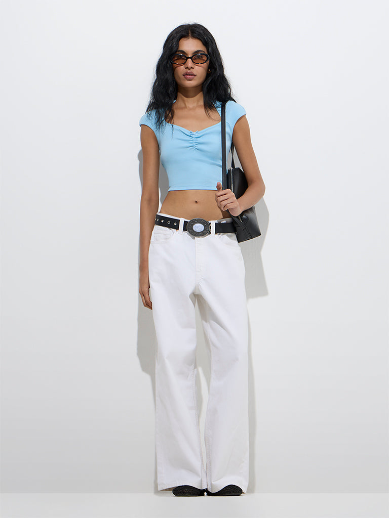 Nuon Light Blue Ribbed-Textured Cotton-Blend Top