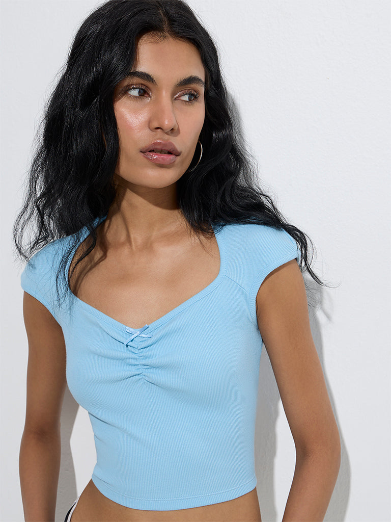 Nuon Light Blue Ribbed-Textured Cotton-Blend Top - Image 3