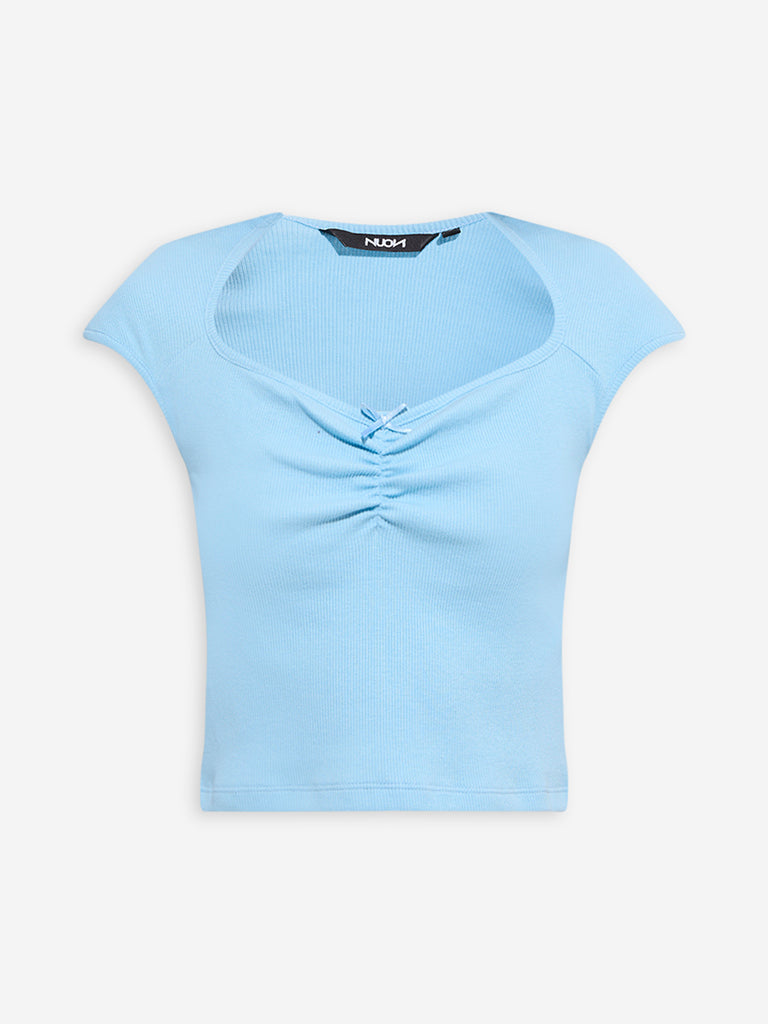 Nuon Light Blue Ribbed-Textured Cotton-Blend Top - Image 5