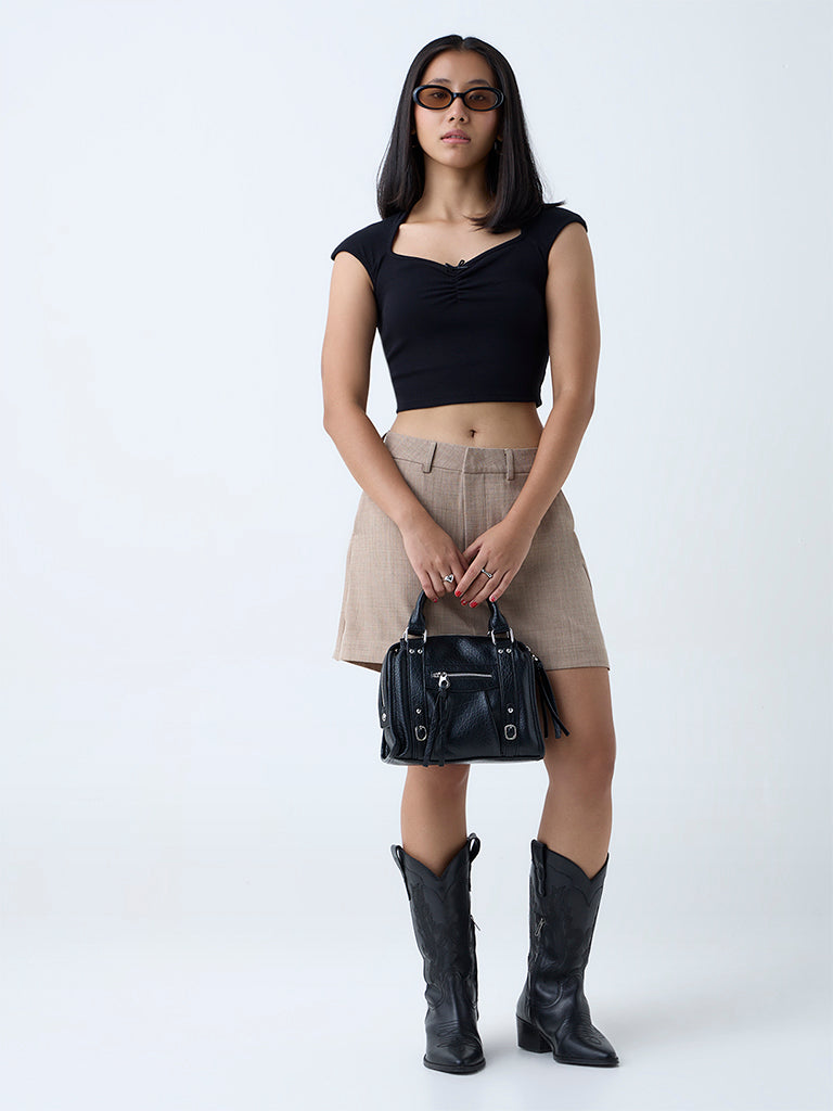 Nuon Black Ribbed-Textured Cotton-Blend Top