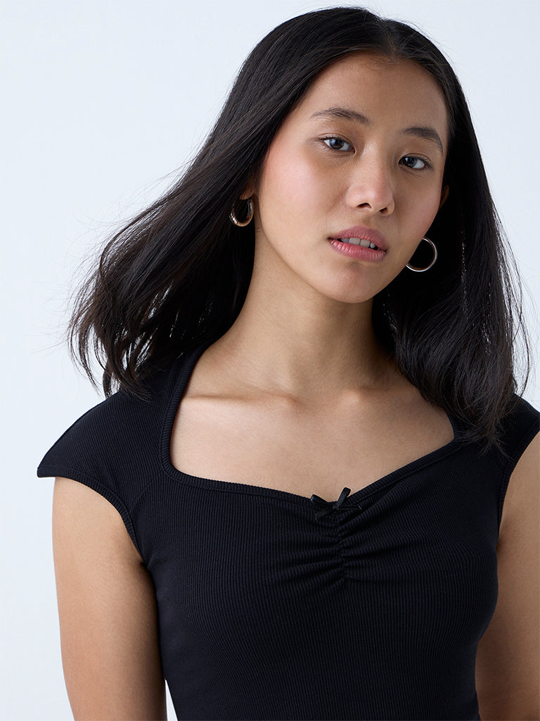 Nuon Black Ribbed-Textured Cotton-Blend Top - Image 2