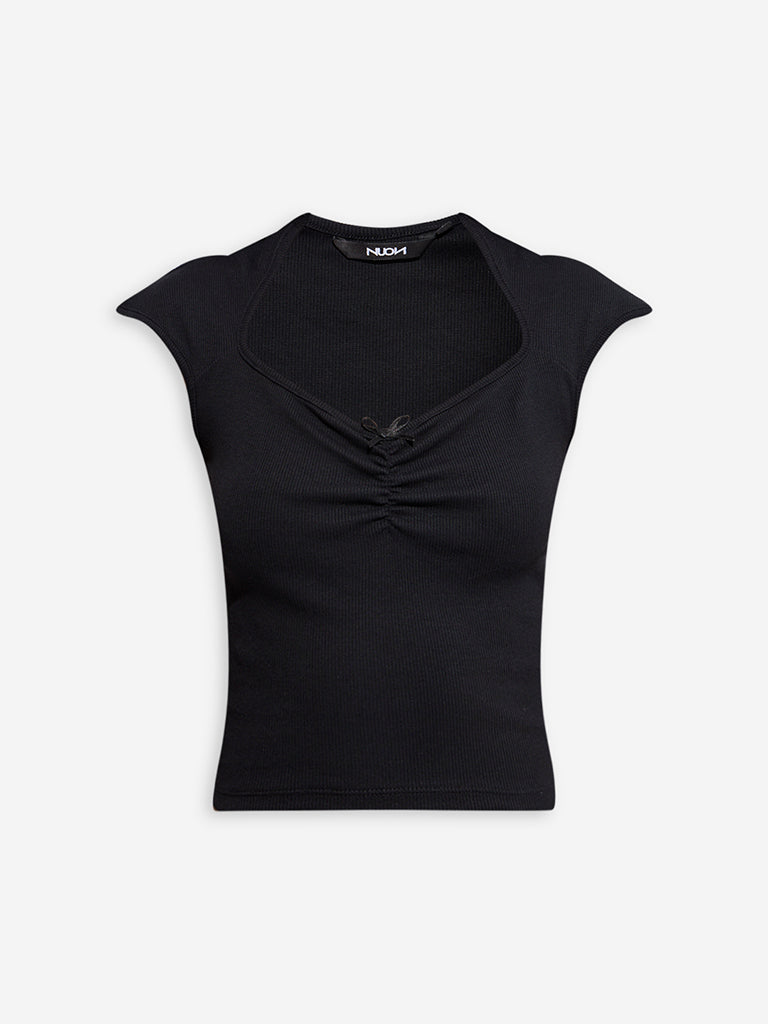 Nuon Black Ribbed-Textured Cotton-Blend Top - Image 5