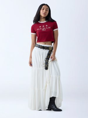 Nuon Burgundy Text Detailed Cotton-Blend T-Shirt