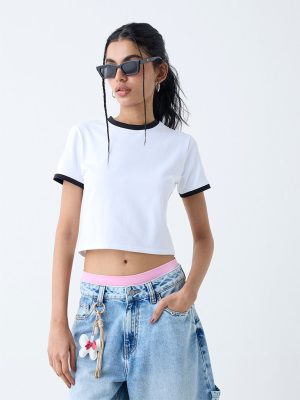 Nuon White Solid Cotton-Blend Top