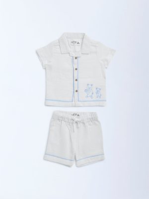 HOP Baby White Waffle-Textured Cotton Shirt with Shorts Set