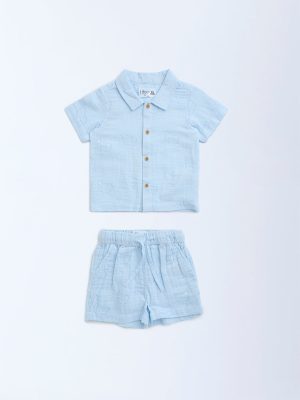 HOP Baby Blue Teddy Design Cotton Shirt with Shorts Set