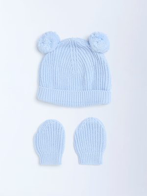 HOP Baby Blue Knit-Textured Cotton Hat and Mitten Set
