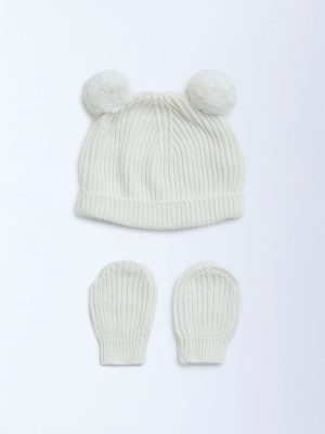 HOP Baby Off-White Knitted Cotton Hat with Mittens Set