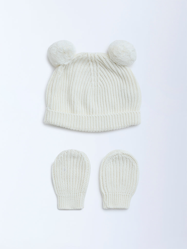 HOP Baby Off-White Knitted Cotton Hat with Mittens Set
