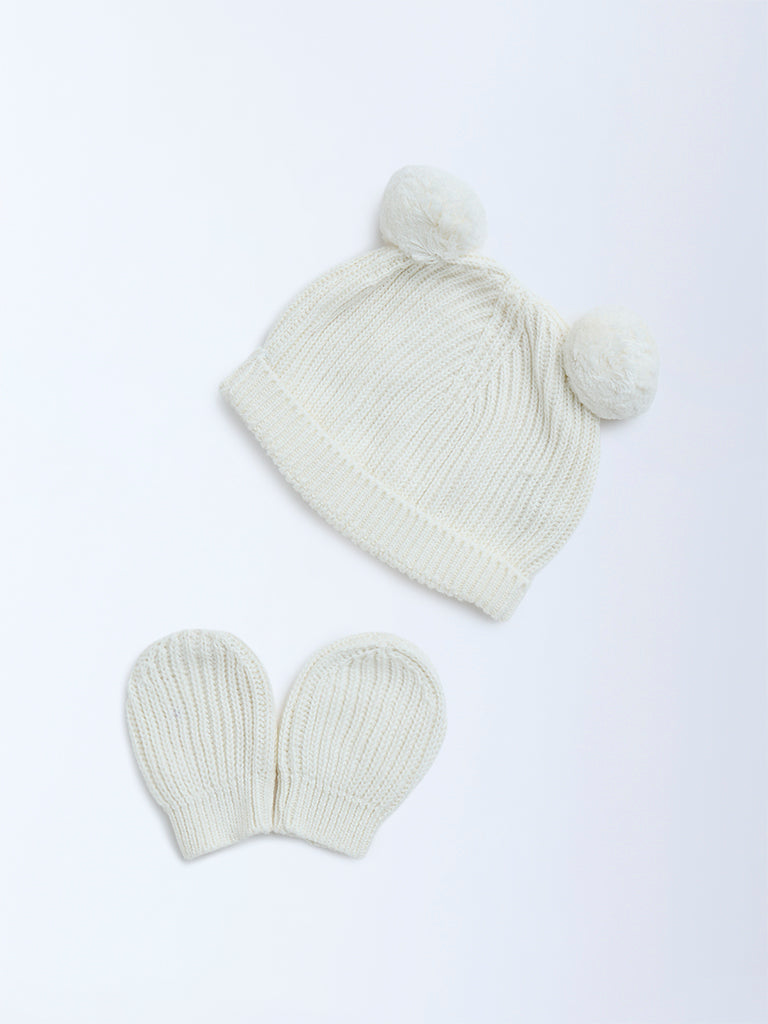 HOP Baby Off-White Knitted Cotton Hat with Mittens Set - Image 2