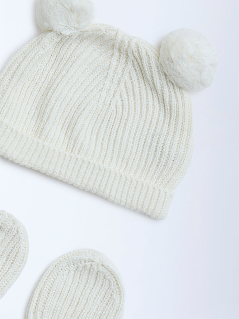 HOP Baby Off-White Knitted Cotton Hat with Mittens Set - Image 3