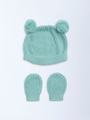 HOP Baby Green Knitted Cotton Hat with Mittens Set