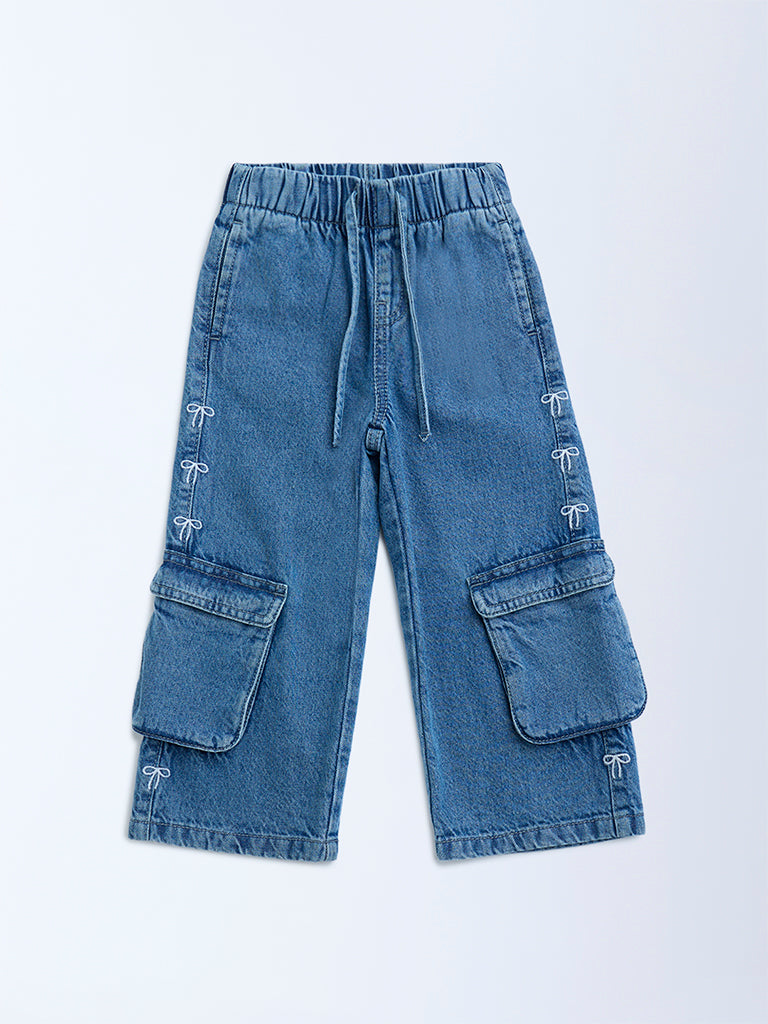 HOP Kids Blue Bow-Detailed Wide-Leg High-Rise Jeans - Image 4