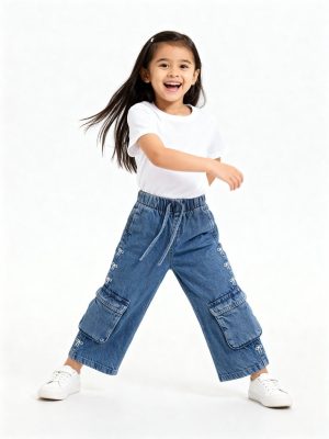 HOP Kids Blue Bow-Detailed Wide-Leg High-Rise Jeans